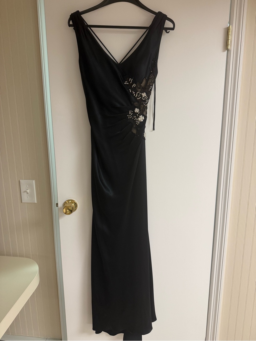 Alberto Makali Black Beaded V-Neck Evening Gown